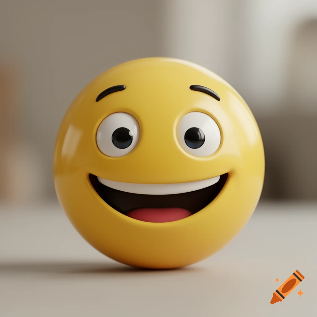 A glossy, yellow 3D emoji with a wide smile, open mouth, and bright eyes.