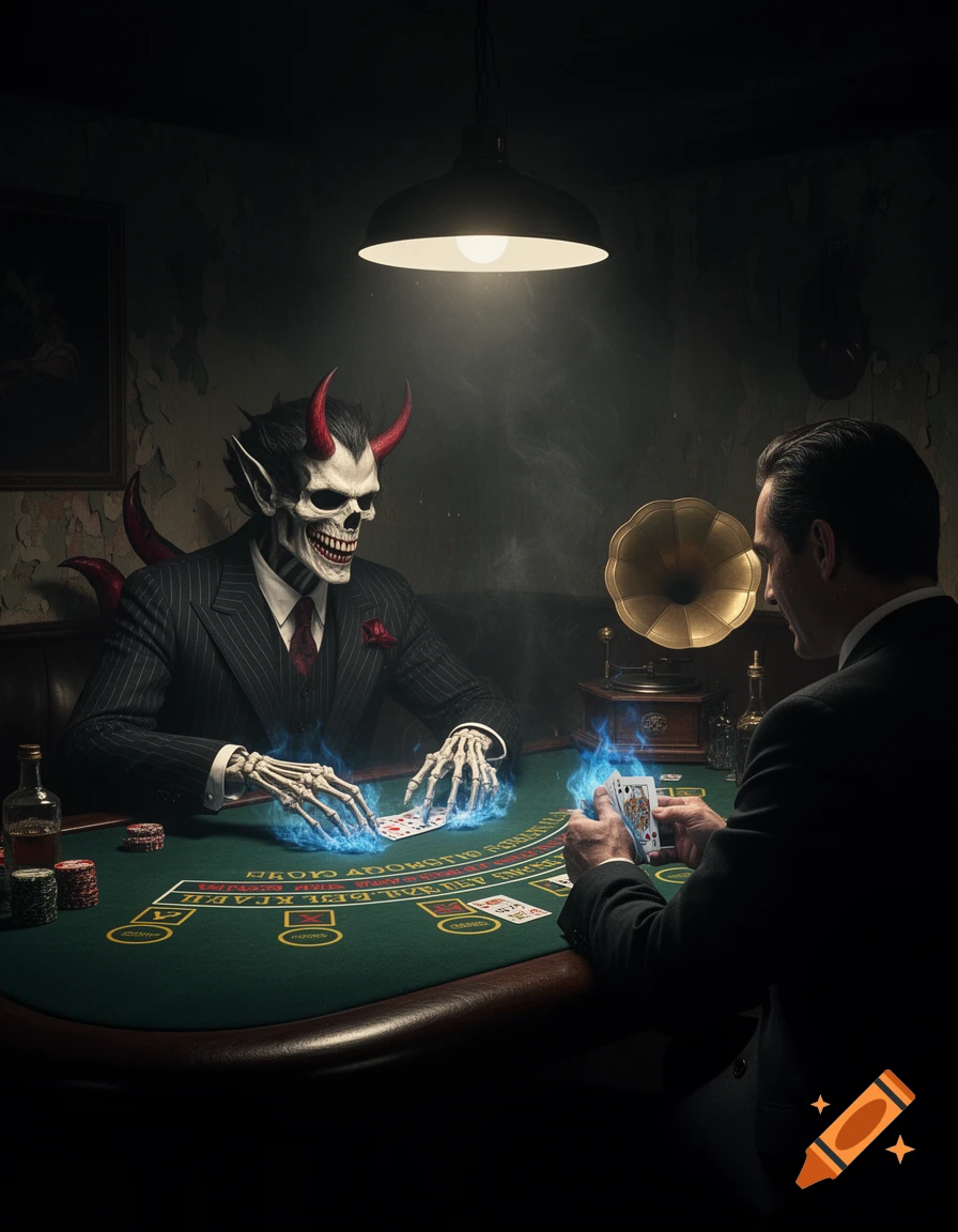 A man plays blackjack against a skeletal, devil-horned figure with glowing hands in a dark, atmospheric speakeasy.