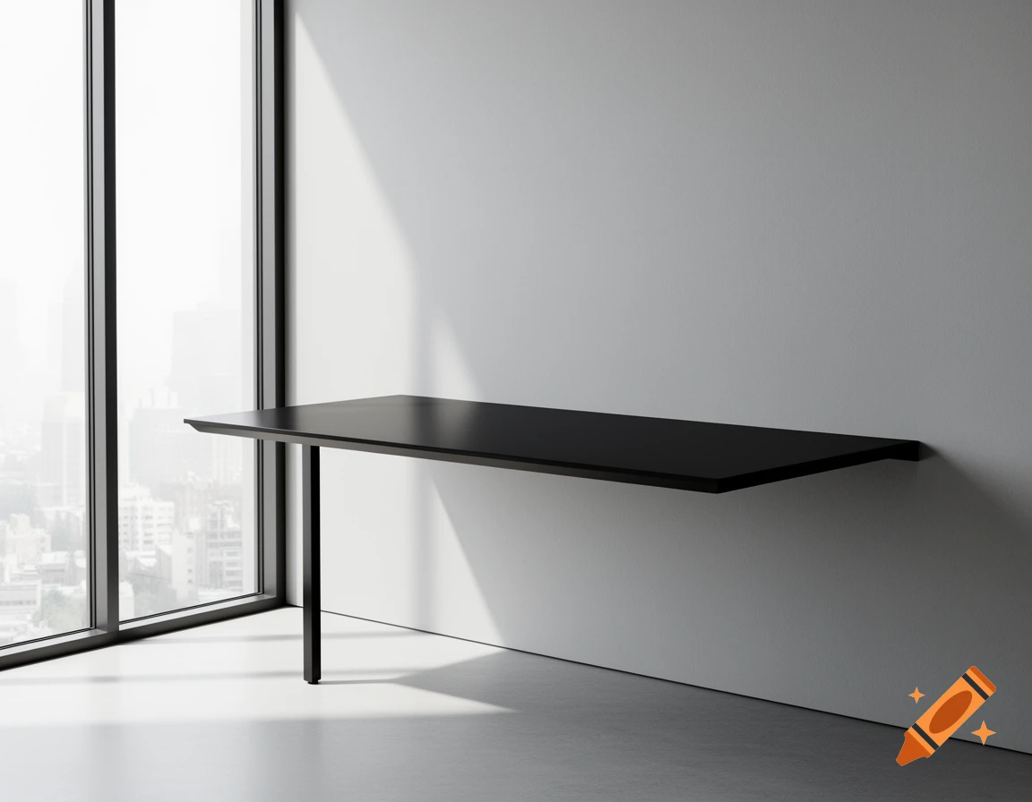 A sleek, minimalist black floating desk with one leg against a white wall next to a tall window with a city view, photorealistic.