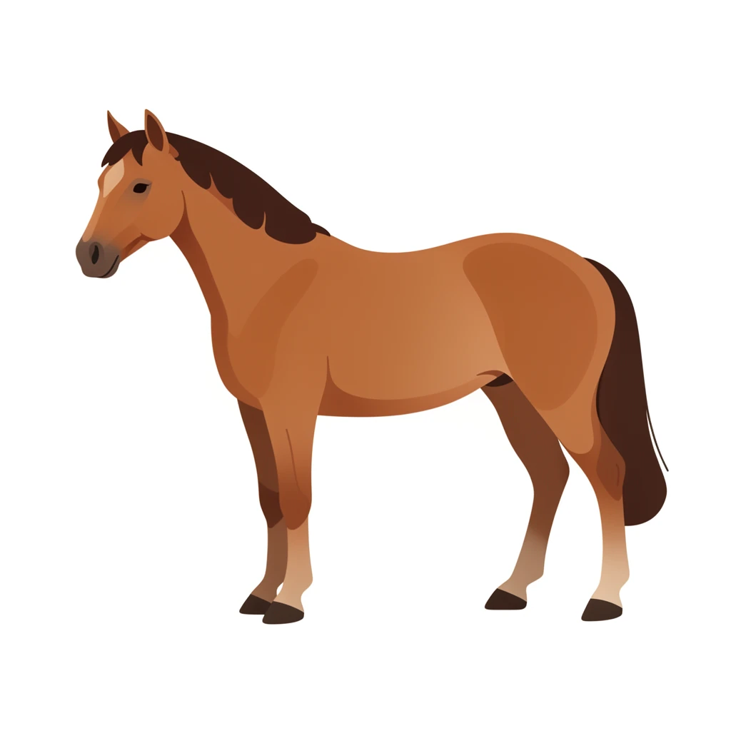 contemporary 2D stock illustration, clean simplified natural forms, flat color areas with gentle soft gradient shading, rounded believable proportions, restrained detail, no outer outlines, no texture or grain, non-photorealistic. A calm horse standing in profile, centered on a pure white background. Naturalistic simplified chestnut coloring with darker mane and tail. Clear readable silhouette with comfortable padding, no cast shadow, no floor shadow, no extra scenery.