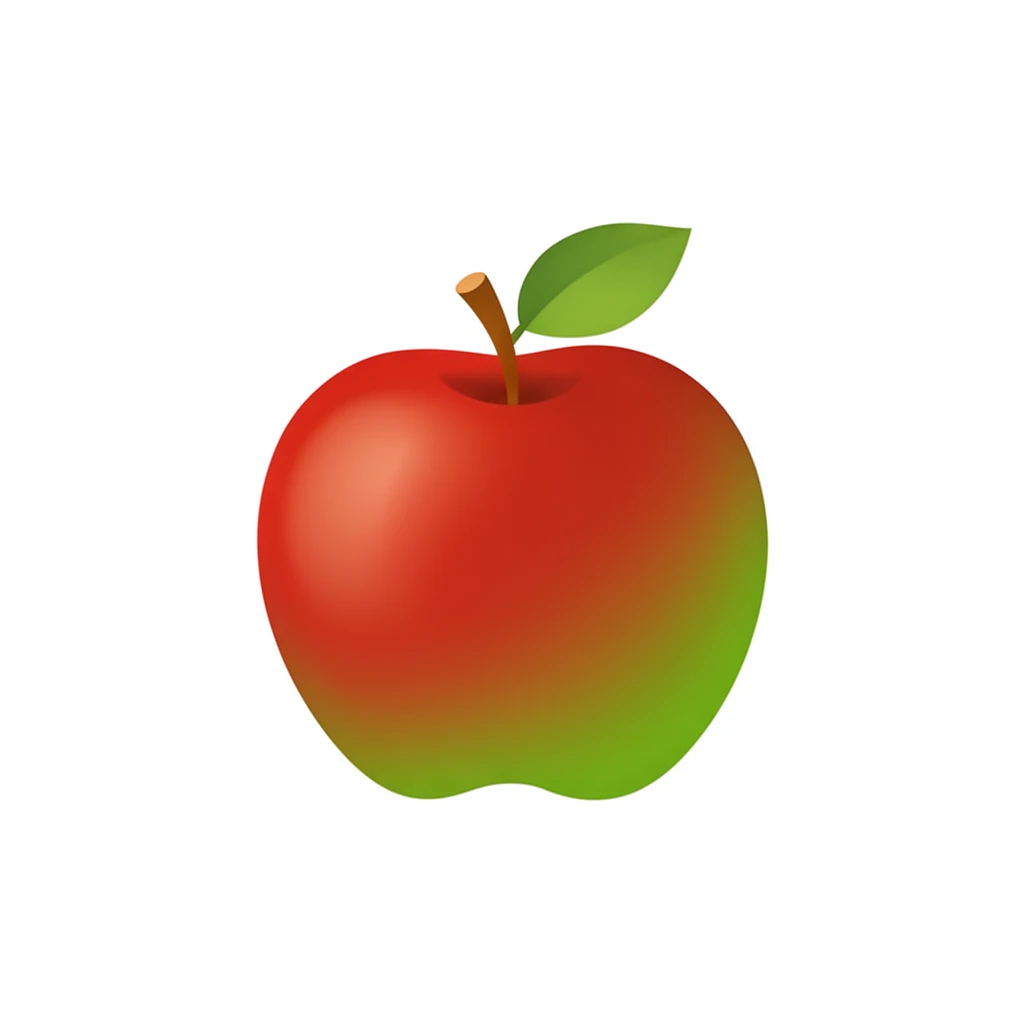 contemporary 2D stock illustration, clean simplified natural forms, flat color areas with gentle soft gradient shading, rounded believable proportions, restrained detail, no outer outlines, no texture or grain, non-photorealistic. A single apple with small stem and leaf as a clean standalone cutout asset, centered on a pure white background. One dominant red or green fruit color, warm stem, restrained leaf accent. Believable 2D stock-illustration object proportions, not toy-like, not icon-like, not 3D. Clear readable silhouette with comfortable padding, no cast shadow, no floor shadow, no extra scenery, no text.