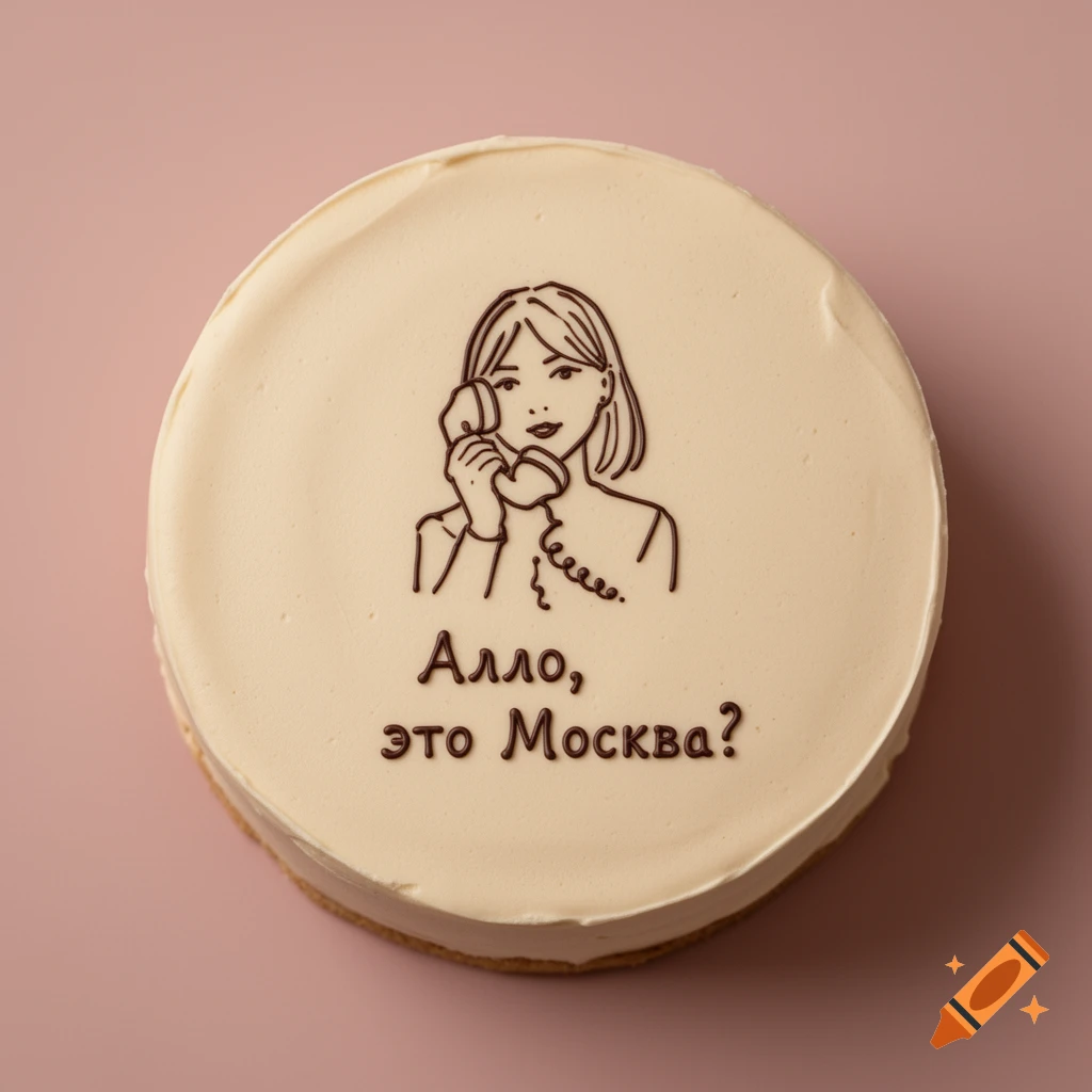 Minimalist bento cake with cream frosting, line art of a girl on a vintage phone, and Russian text 'Алло, это Москва?' on a pink background.