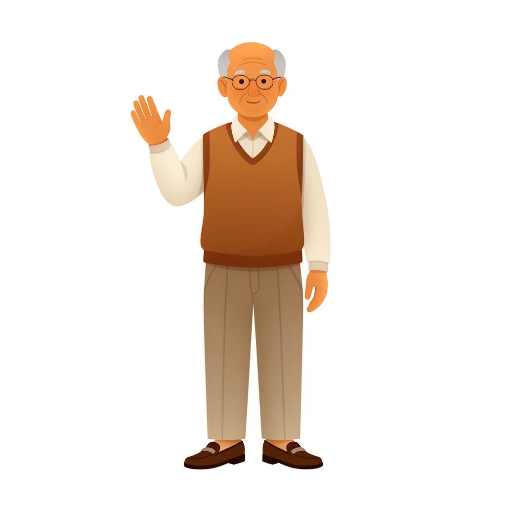 contemporary 2D stock illustration, clean simplified natural forms, flat color areas with gentle soft gradient shading, rounded believable proportions, restrained detail, no outer outlines, no texture or grain, non-photorealistic. An older man standing and waving with a gentle posture, full body, centered on a pure white background. Palette-disciplined colors: one dominant clothing color, one or two harmonizing secondary colors, neutrals where appropriate, and one small accent. Warm tan skin, thinning gray hair, sweater vest over collared shirt, pleated trousers, loafers, small glasses. Clear readable silhouette with comfortable padding, no cast shadow, no floor shadow, no extra scenery.