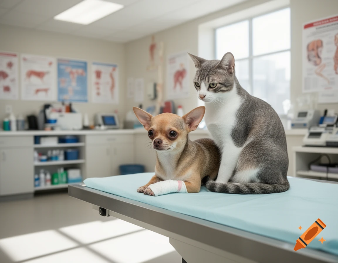 A chihuahua with a bandaged paw and a cat sit on a vet examination table in a clinic.