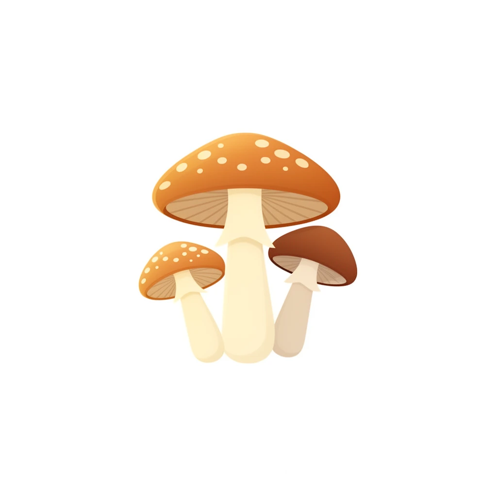 contemporary 2D stock illustration, clean simplified natural forms, flat color areas with gentle soft gradient shading, rounded believable proportions, restrained detail, no outer outlines, no texture or grain, non-photorealistic. A small cluster of mushrooms as a standalone cutout element, centered on a pure white background. Warm cream stems, one dominant cap color, restrained spots or gill details. Clear readable silhouette with comfortable padding, no cast shadow, no floor shadow, no extra scenery.
