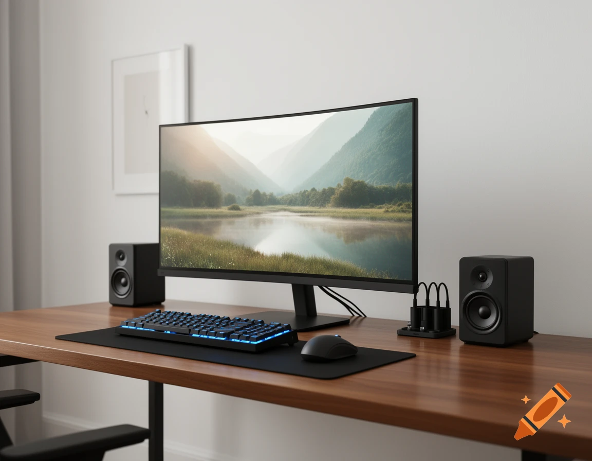 A modern computer setup on a wooden desk, featuring a monitor displaying a landscape, a backlit keyboard, mouse, and two speakers.