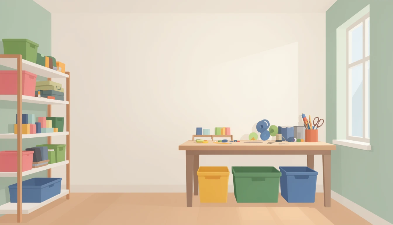 contemporary 2D stock illustration, clean simplified natural forms, flat color areas with gentle soft gradient shading, rounded believable proportions, restrained detail, no outer outlines, no texture or grain, non-photorealistic. A bright craft room with shelves at the side, a work table, bins, and a window. Creative palette with one dominant wall or furniture color and controlled material accents. Keep the center-left area visually uncluttered with simple forms and open space behind layered foreground subjects. No characters, no text.