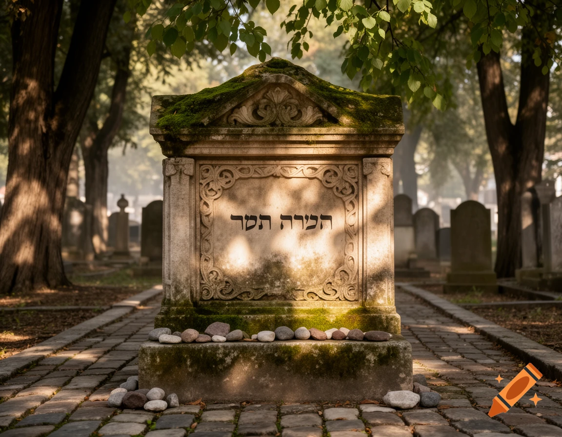 A moss-covered stone tombstone with Hebrew script, adorned with small rocks, in a sunlit cemetery surrounded by trees.
