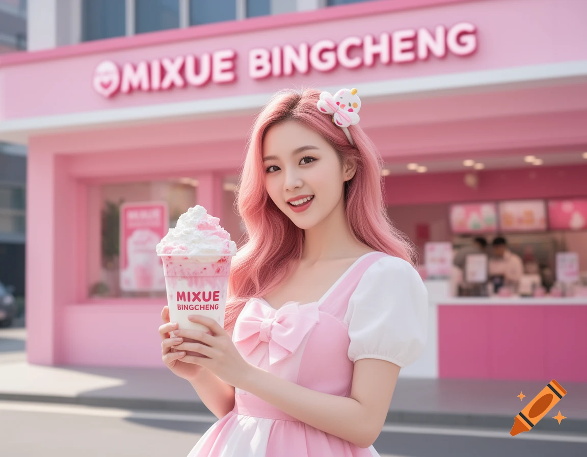 A young woman with pink hair holds a snow top milk tea in front of a pink Mixue Bingcheng store.
