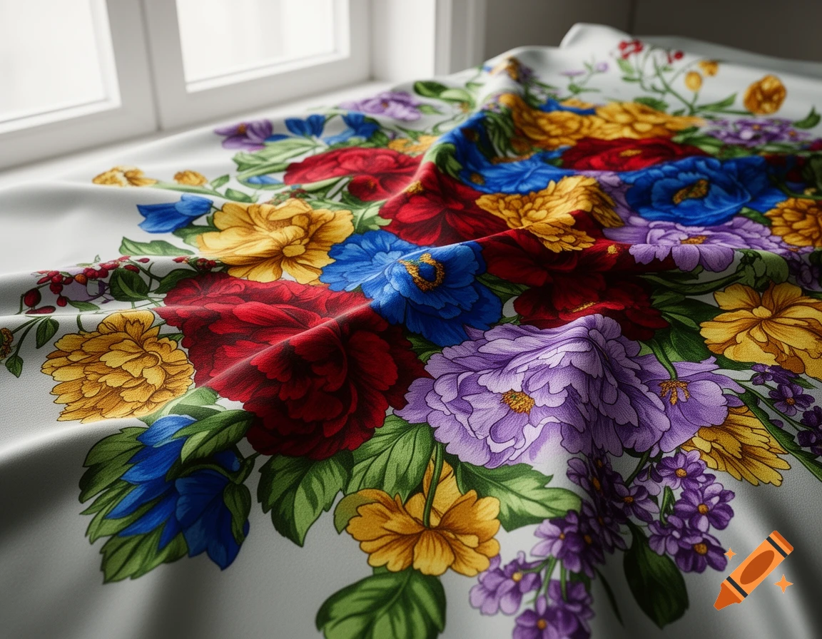 Vibrant floral print fabric with red, yellow, blue, and purple flowers, draped by a window.