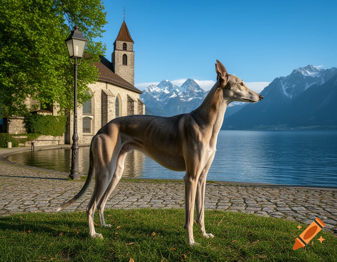 A tan greyhound stands on green grass by a lake, with a stone church and snowy mountains under a clear blue sky.
