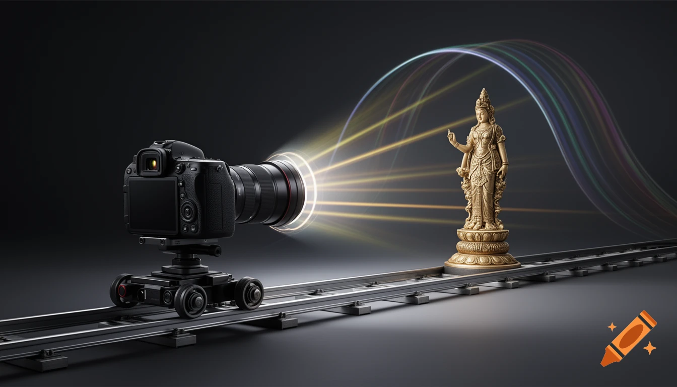 A black camera on a dolly track shoots golden light rays towards an ornate golden statue, set against a dark background with a colorful, arcing light trail.