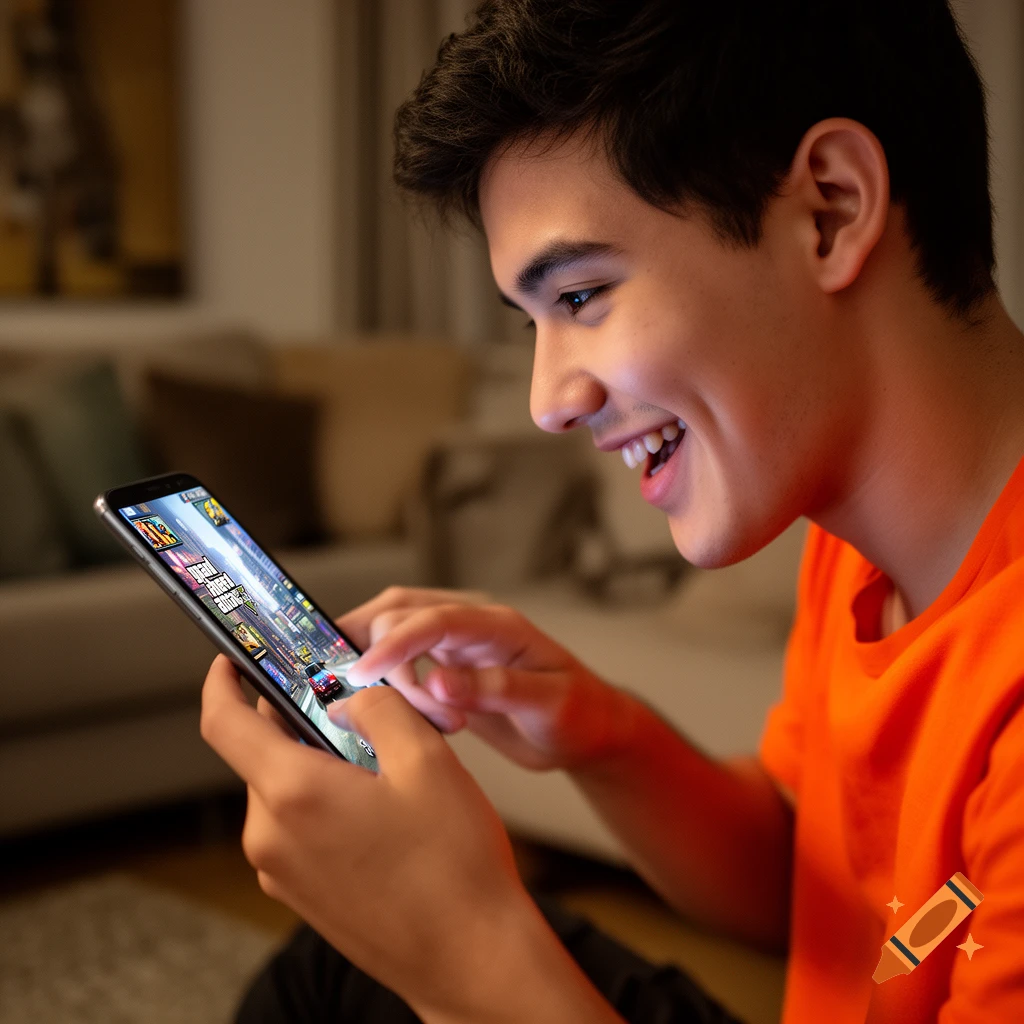 A smiling young man in an orange shirt plays a video game on his smartphone in a dimly lit room.
