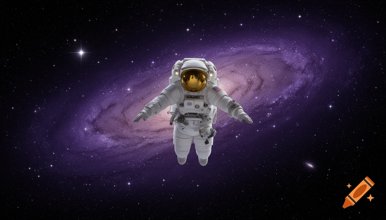 An astronaut in a white suit floats in dark space, with a vibrant purple spiral galaxy and bright stars in the background.