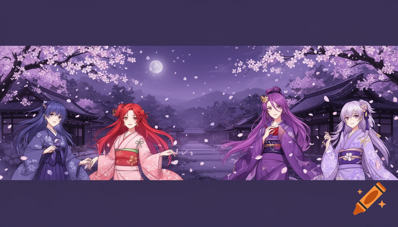 Four anime women in kimonos stand in a Japanese garden with cherry blossoms under a full moon at night.
