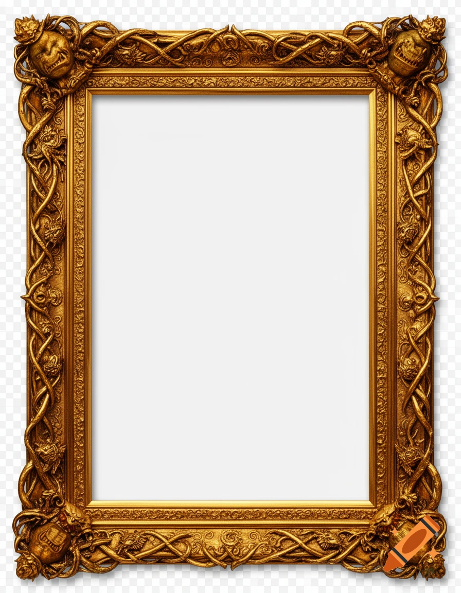 Highly ornate golden frame with grotesque, monstrous faces in the corners and intricate swirling designs, featuring a transparent center.