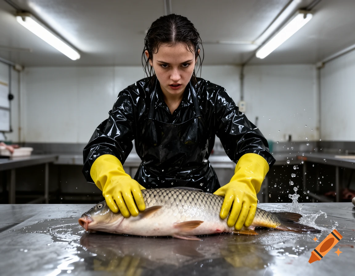 A determined woman in a black apron and yellow gloves handles a large carp on a wet metal table in a processing facility.