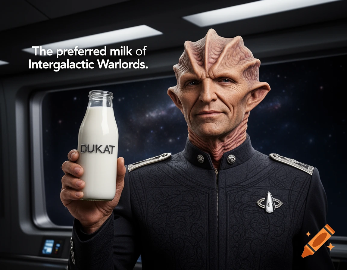 A photorealistic alien in a military uniform holds a milk bottle labeled 'DUKAT' with the caption 'The preferred milk of Intergalactic Warlords.'