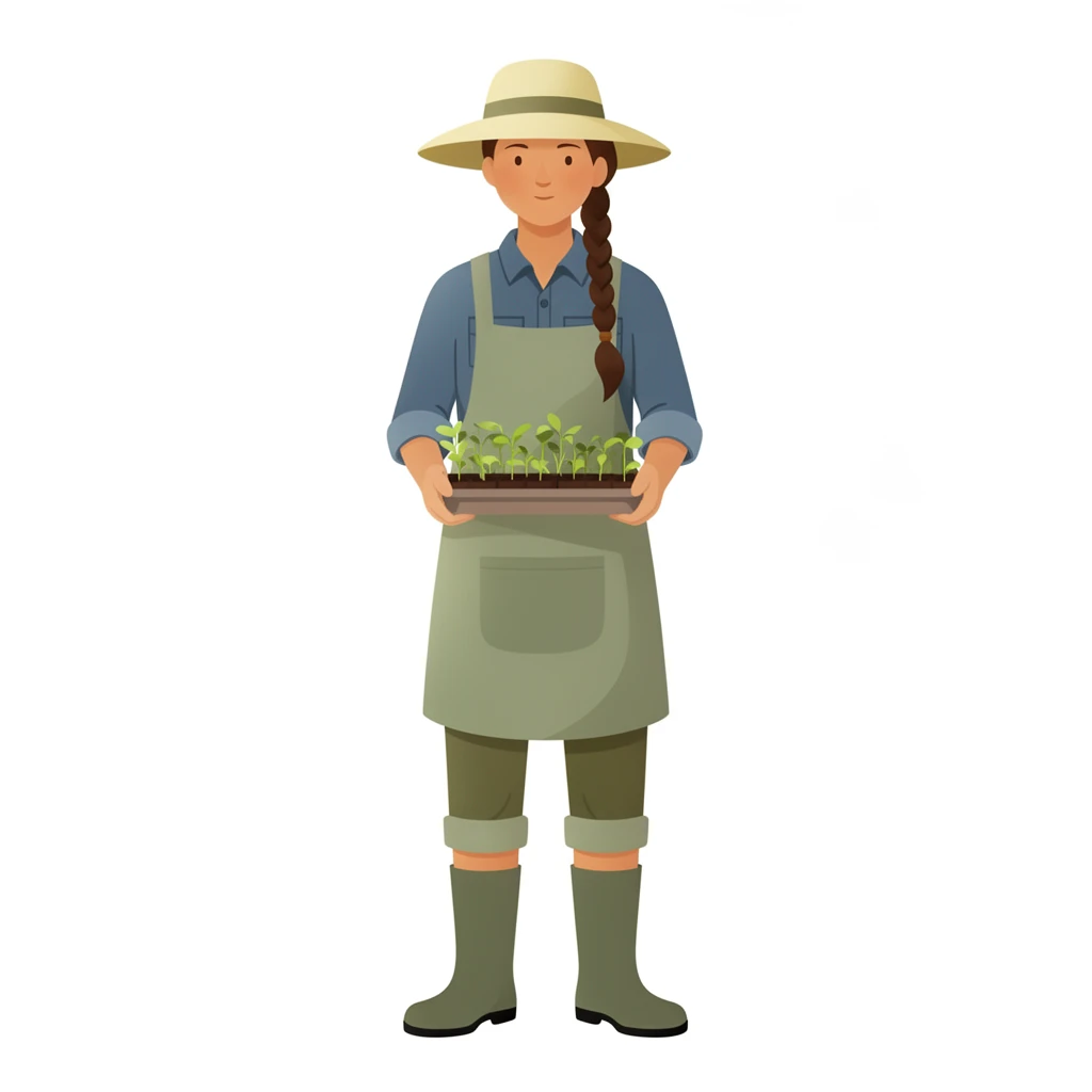 contemporary 2D stock illustration, clean simplified natural forms, flat color areas with gentle soft gradient shading, rounded believable proportions, restrained detail, no outer outlines, no texture or grain, non-photorealistic. A gardener standing with a small tray of seedlings, full body, centered on a pure white background. Palette-disciplined colors: one dominant clothing color, one or two harmonizing secondary colors, neutrals where appropriate, and one small accent. Light olive skin, braid, sun hat, chambray shirt, apron with pockets, cropped trousers, rubber boots. Clear readable silhouette with comfortable padding, no cast shadow, no floor shadow, no extra scenery.