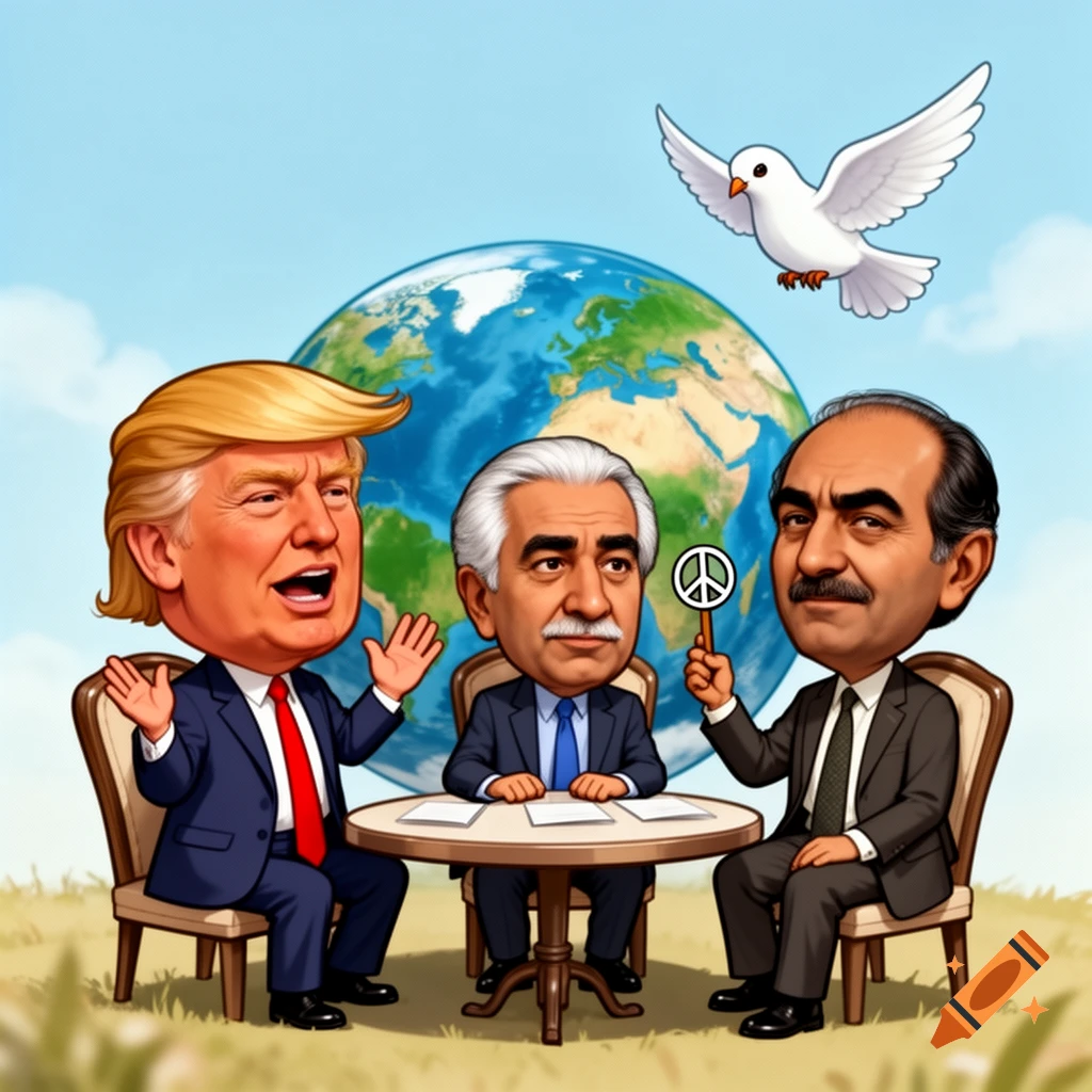 Cartoon of Donald Trump, Masoud Pezeshkian, and Asif Ali Zardari at a table for a peace deal, with a globe and dove.