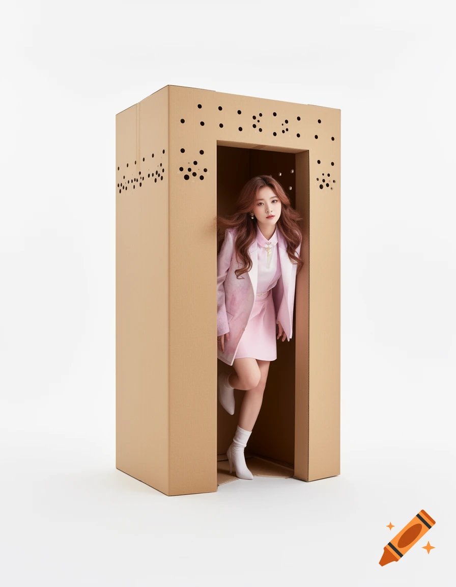 A young woman with long wavy hair, dressed in a pink blazer and skirt, steps out of a tall cardboard box with air holes, on a white background.