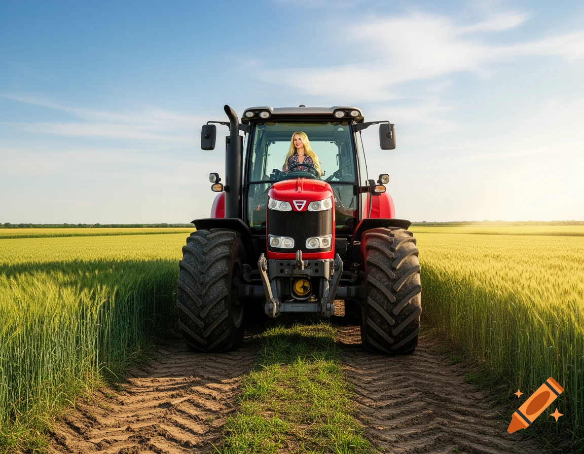 A woman with blonde hair drives a red tractor down a dirt path through a vibrant green wheat field under a blue sky.