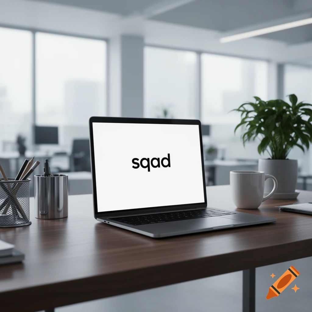 A photorealistic image of a laptop displaying "sqad" on its screen, placed on a wooden desk in a modern office with large windows.