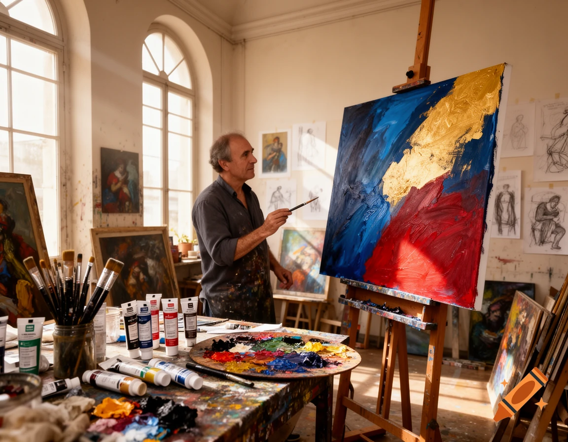 A male artist in an apron paints an abstract canvas with blue, red, and gold in a sunlit art studio, surrounded by supplies.
