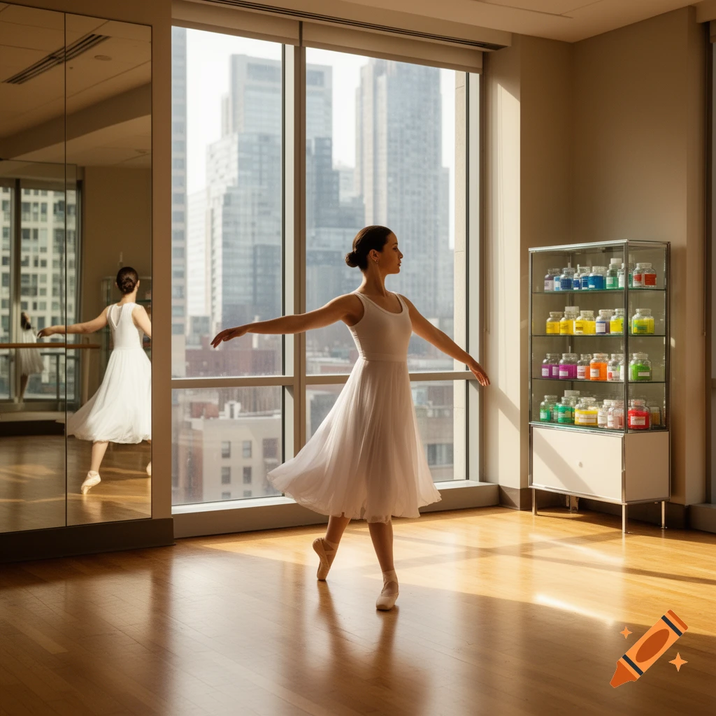 A ballerina in a white dress practices in a sunlit dance studio with a cityscape view, reflecting in a mirror.