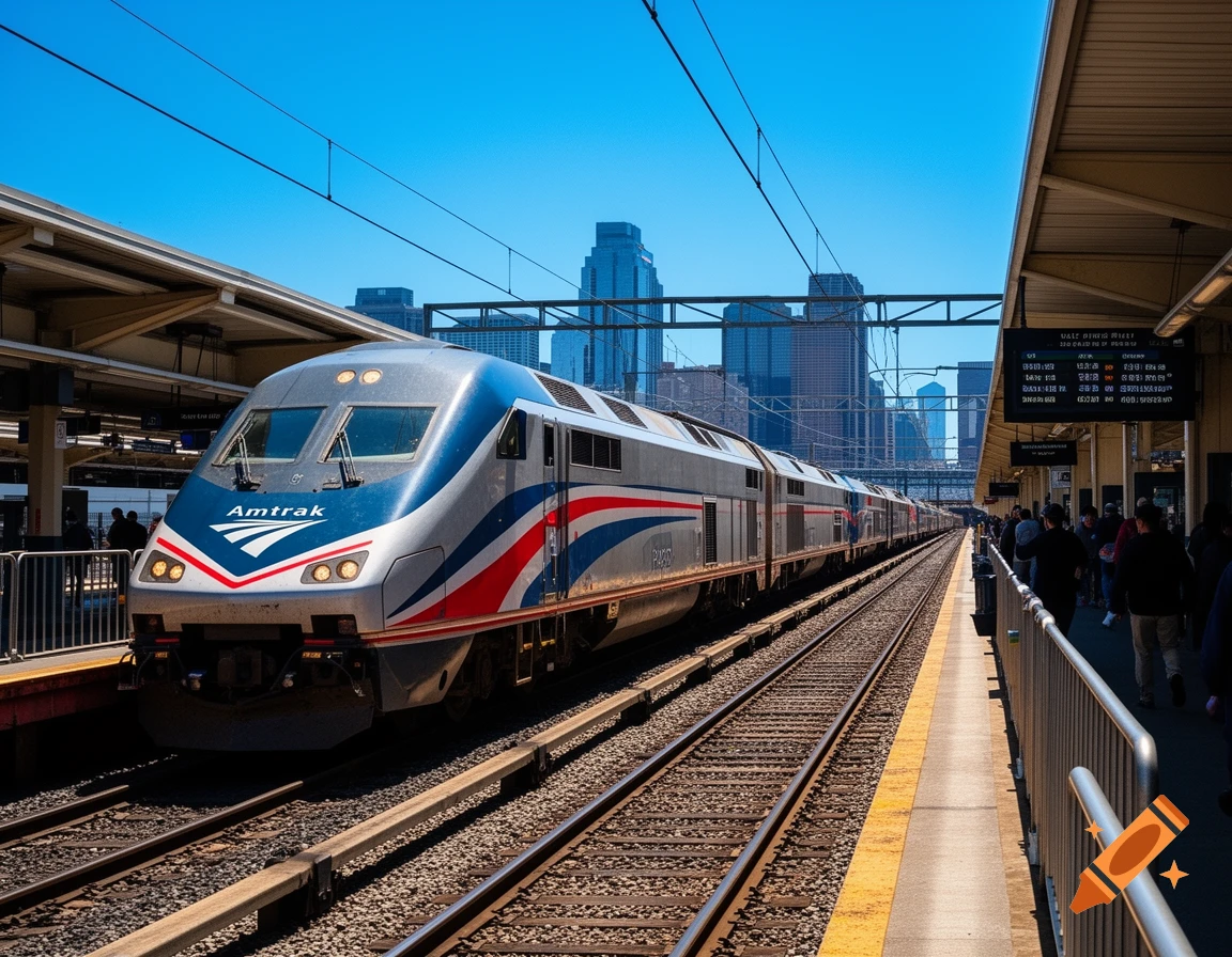 A silver, blue, and red Amtrak train sits on tracks at a sunny station platform, with a city skyline in the background.