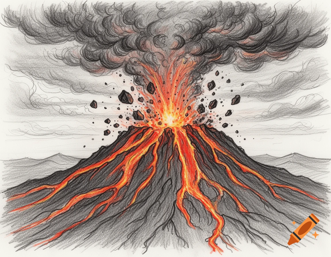 Colored pencil drawing of a volcano erupting, with molten lava flowing, black smoke, and flying rocks against a white sky.