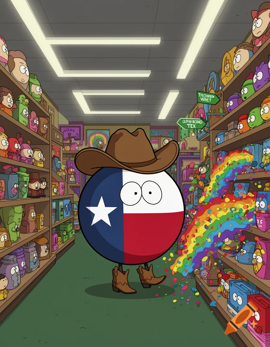 A Texas flag countryball in a cowboy hat and boots, spewing a rainbow, walks down a cartoon grocery store aisle.