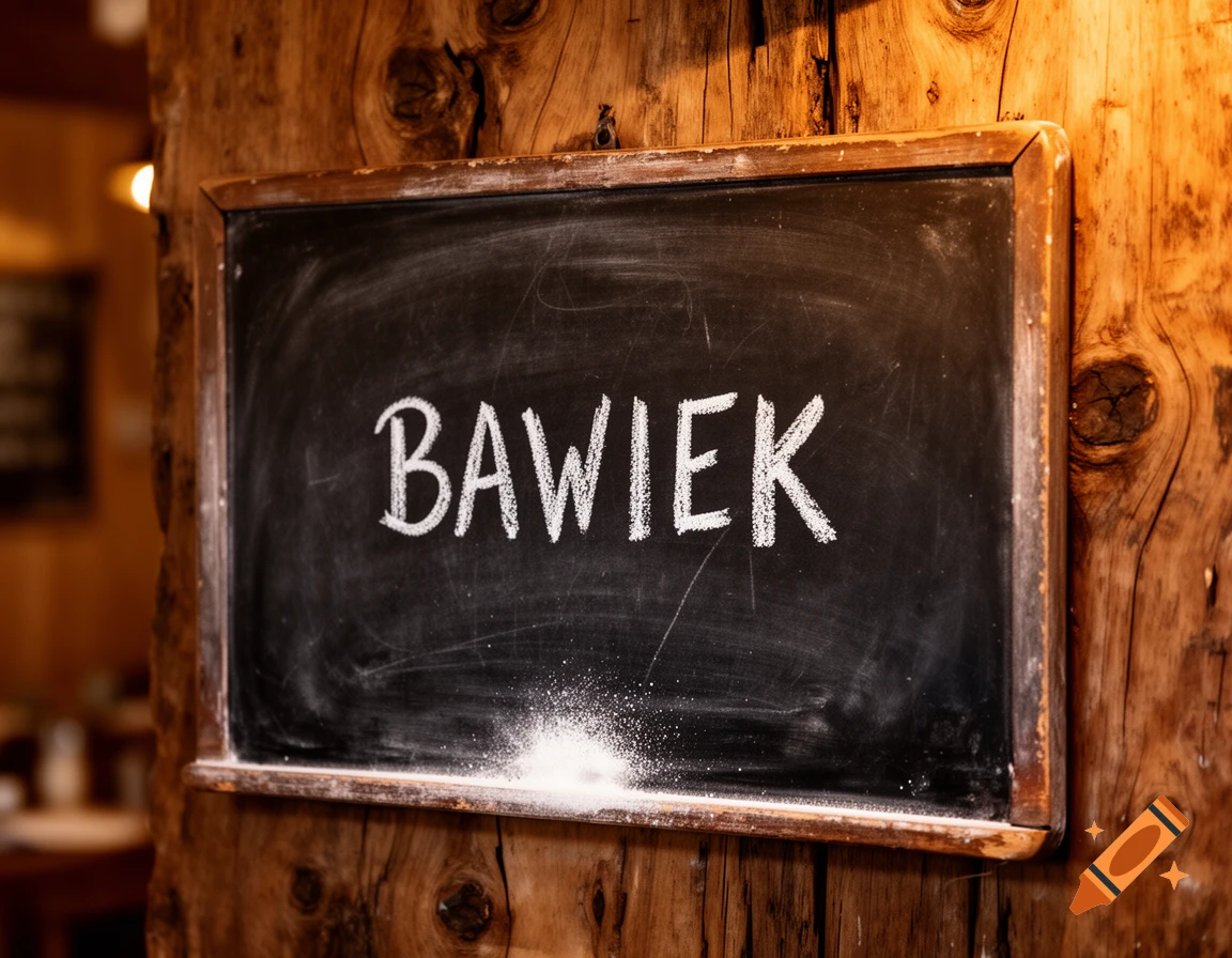 A chalkboard with 'BAWIEK' written in white chalk, mounted on a rustic wooden wall.
