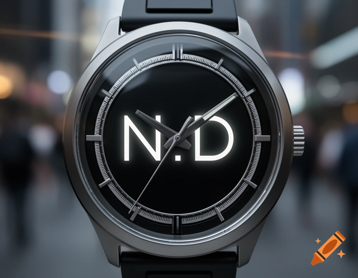 A photorealistic close-up of a silver watch with a black face showing 'N.D' and a black strap, blurred city background.