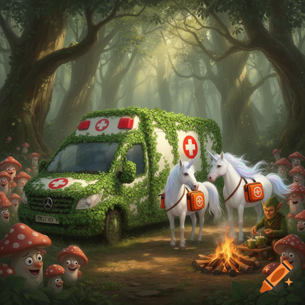 An ivy-covered ambulance, two unicorns with first-aid bags, talking mushrooms, and a goblin brewing tea by a campfire in a magical forest.