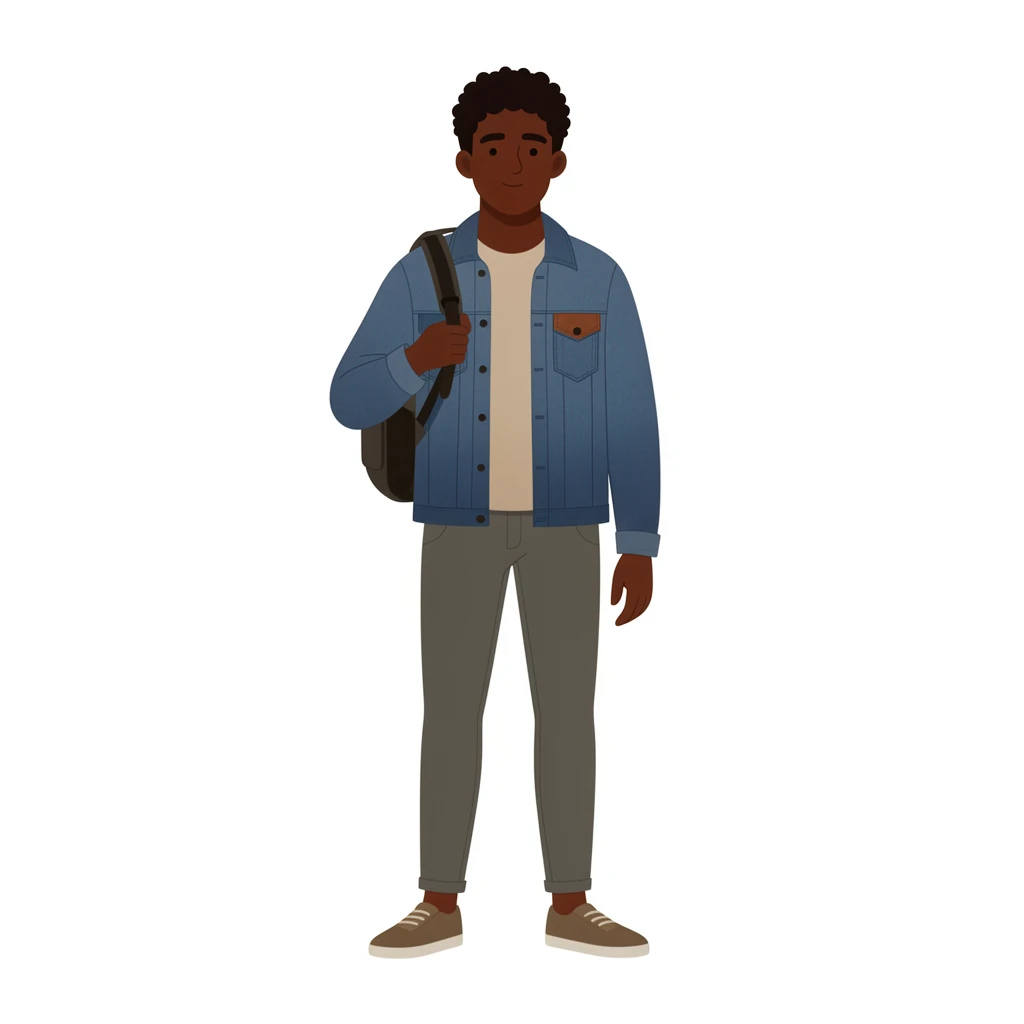 contemporary 2D stock illustration, clean simplified natural forms, flat color areas with gentle soft gradient shading, rounded believable proportions, restrained detail, no outer outlines, no texture or grain, non-photorealistic. A man standing in a relaxed near-frontal pose with a backpack over one shoulder, full body, centered on a pure white background. Palette-disciplined colors: one dominant clothing color, one or two harmonizing secondary colors, neutrals where appropriate, and one small accent. Short curly hair, dark brown skin, denim jacket, plain tee, tapered trousers, casual shoes, backpack strap detail. Clear readable silhouette with comfortable padding, no cast shadow, no floor shadow, no extra scenery.