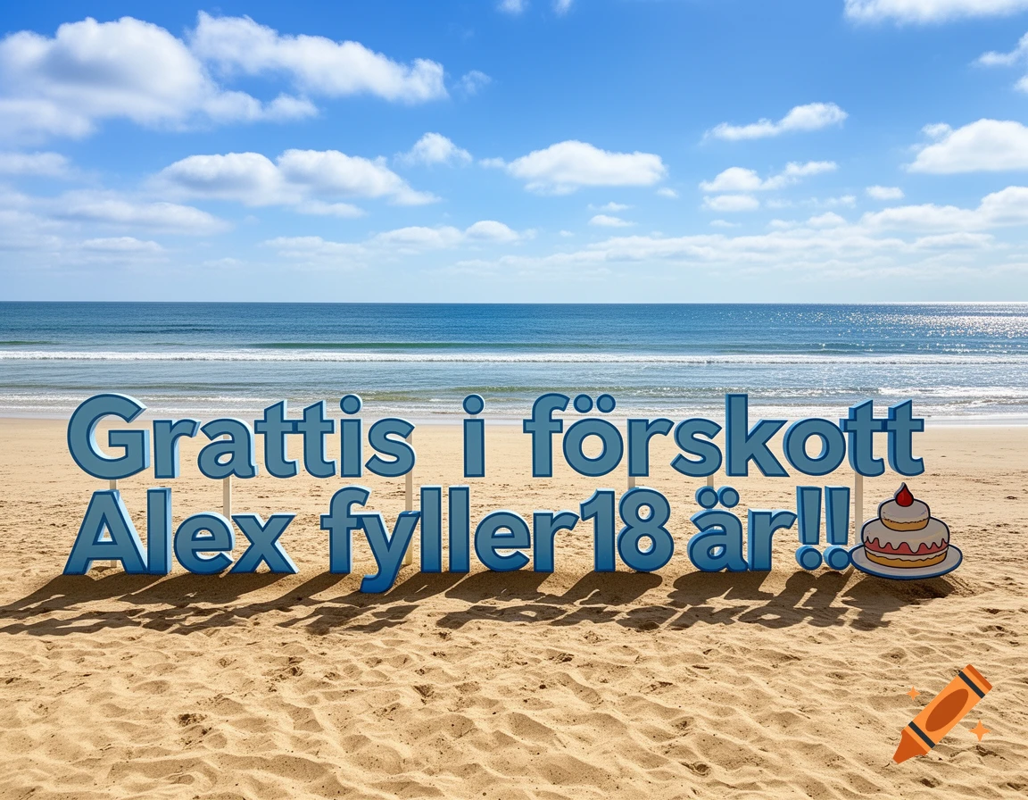 A sign with large blue letters on a sandy beach reads "Grattis i förskott Alex fyller 18 år!!" with a small cake illustration, under a blue sky with clouds.