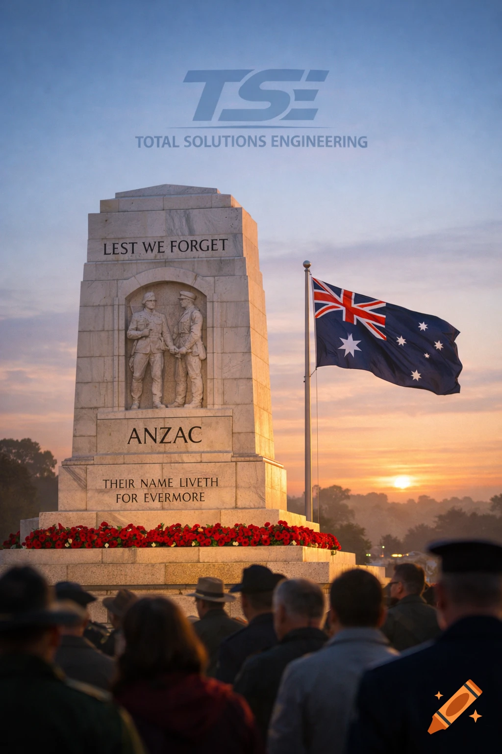 Anzac memorial, Australian flag, and people gathered at sunrise with red poppies. A 'Total Solutions Engineering' logo is in the sky.