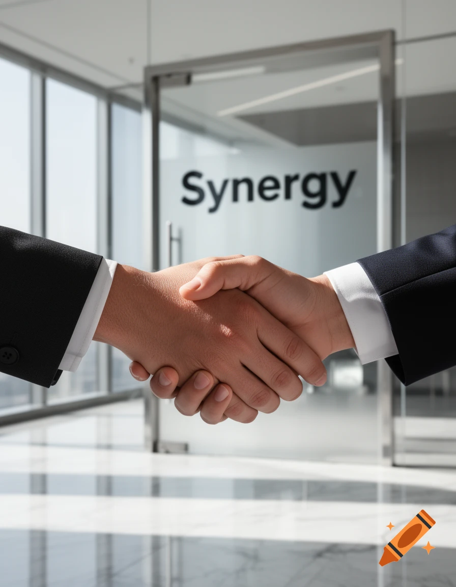 Close-up of two professionals in suits shaking hands in a modern office, with 'Synergy' visible on a glass door.