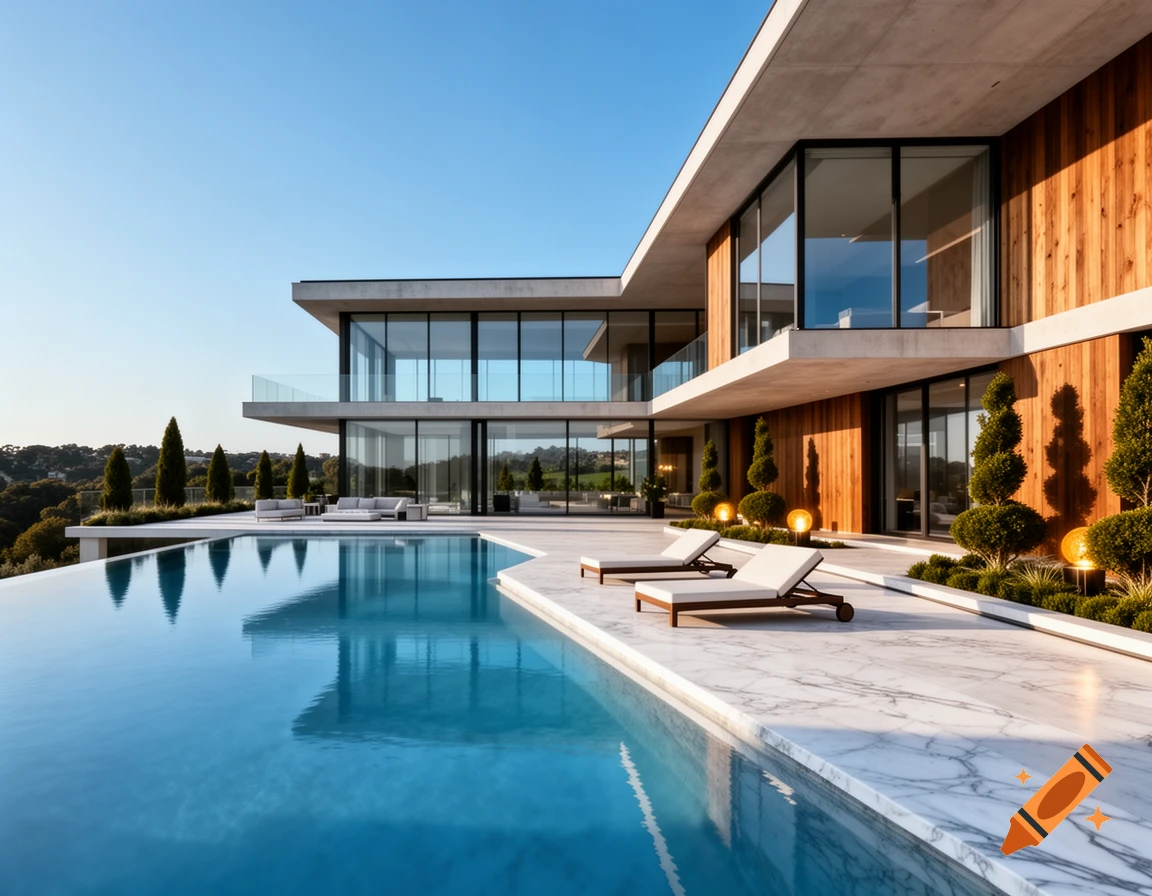 Photorealistic view of a sprawling modern mansion with an infinity pool, clear sky, and lush green landscape.