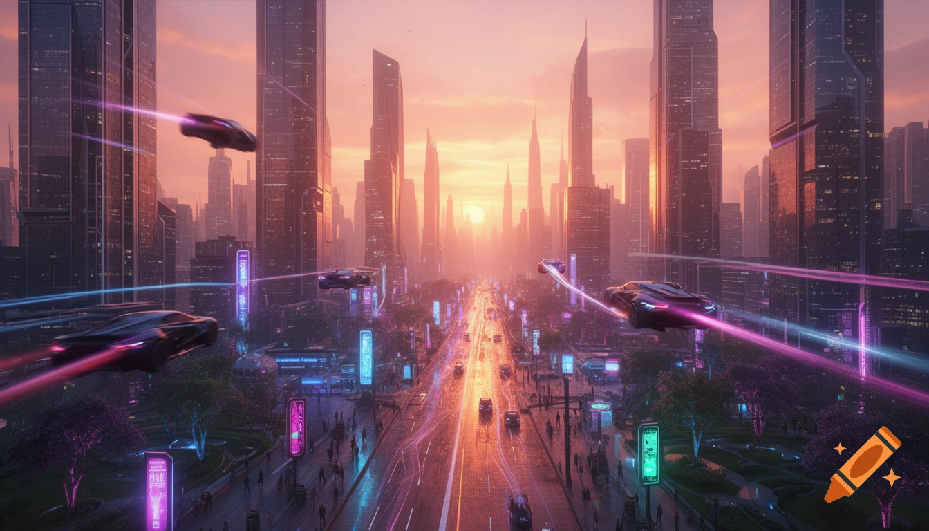 A vibrant, futuristic city at sunset with towering skyscrapers and ...