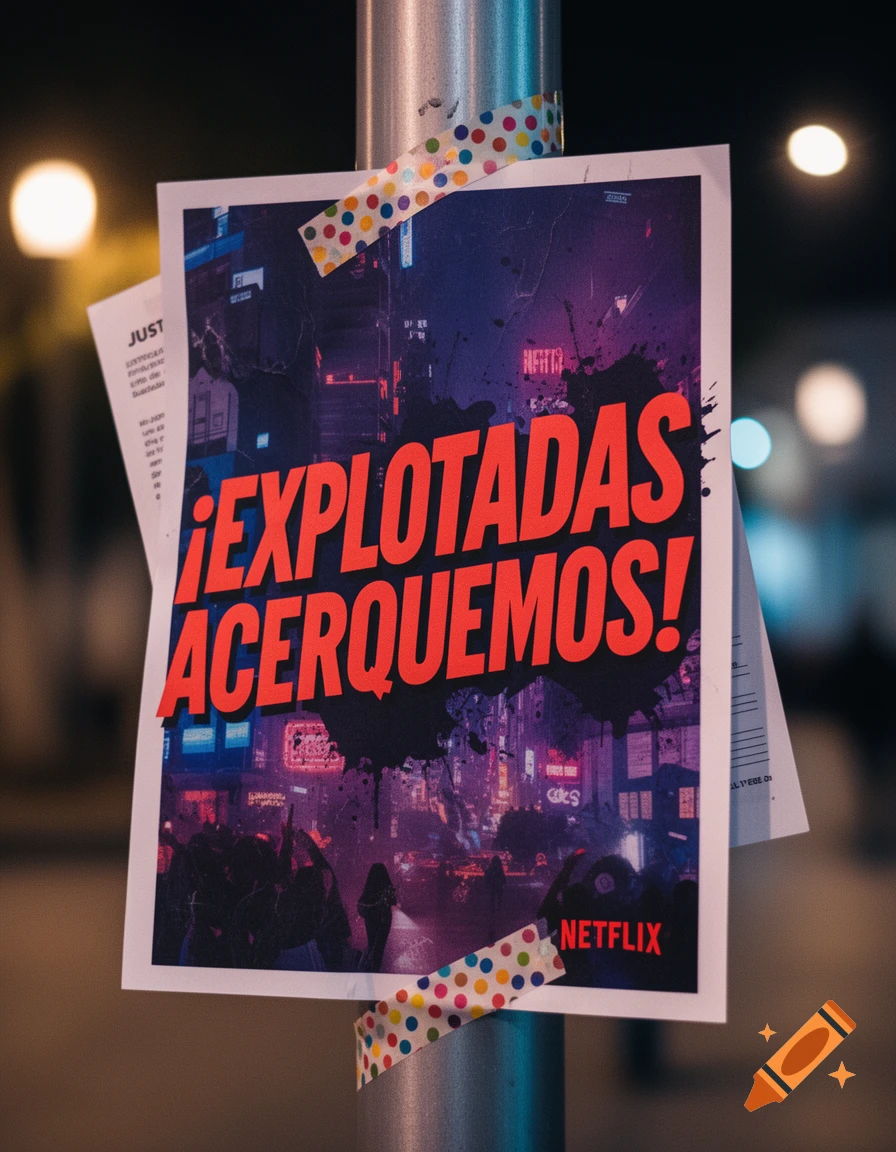 A poster with red text "¡EXPLOTADAS ACERQUEMOS!" and a Netflix logo, taped to a metal pole against a blurred night city background.