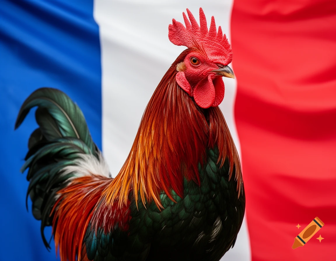 A detailed, photorealistic close-up of a rooster with vibrant red, green, and orange feathers, set against a waving French flag background.
