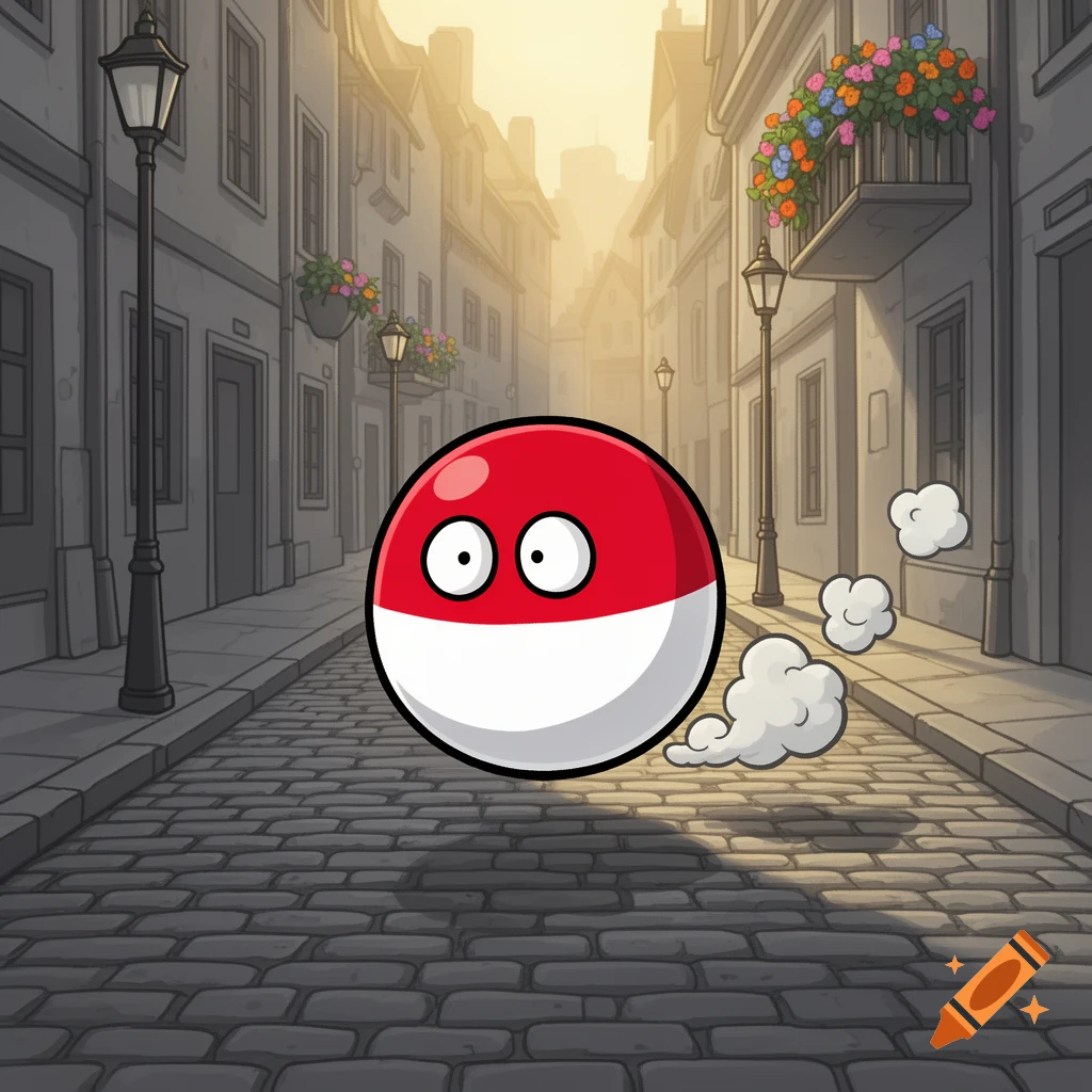 Cartoon Polandball character, a red and white sphere with eyes, rolling down a cobblestone city street with buildings and lamp posts.