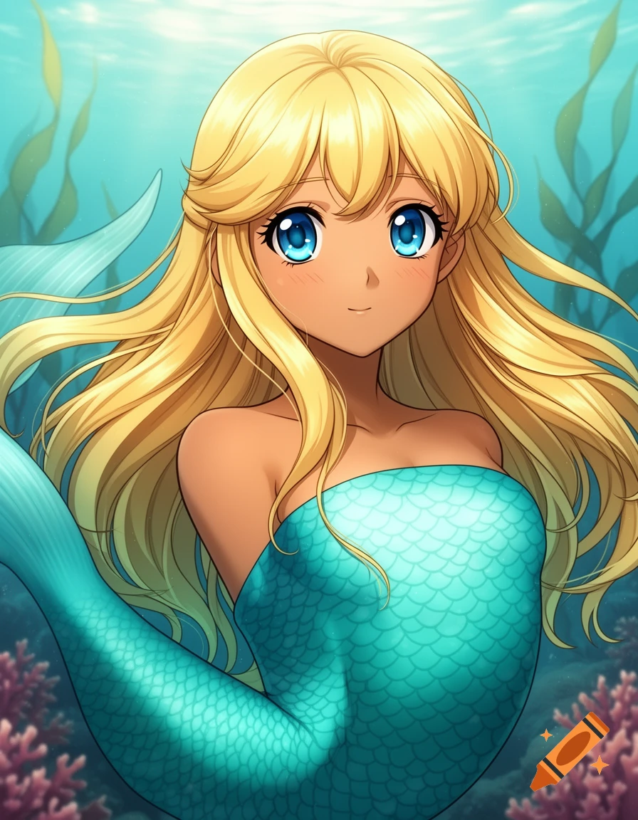 A close-up anime illustration of a smiling mermaid with long blonde hair, tan skin, and a turquoise scale tail underwater amidst seaweed and coral.