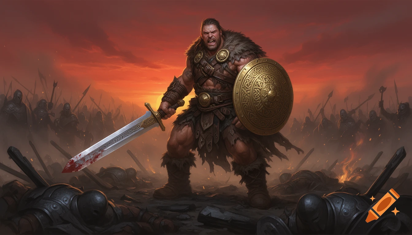 Muscular barbarian warrior with a bloodied sword and golden shield stands on a battlefield with fallen soldiers and an army at sunset, epic fantasy art.