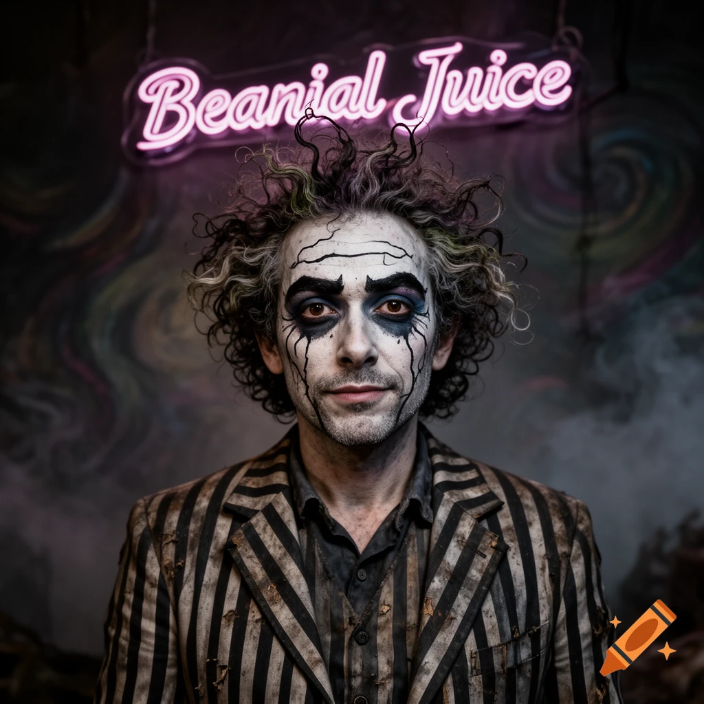 A man with curly hair, white and black face paint, and dark eye makeup, wearing a striped suit, stands in front of a pink neon sign that says 'Beanial Juice'.