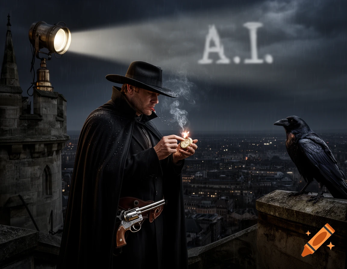 A man in a black coat and hat lights a pocket watch, generating smoke and fire, while a spotlight projects "A.I." onto a stormy night sky above a city. A raven sits nearby.