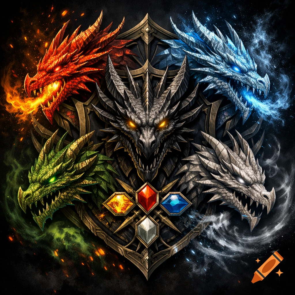 A detailed fantasy coat of arms with five elemental dragon heads: fire, ice, nature, rock, and a central dark grey dragon, with gems.