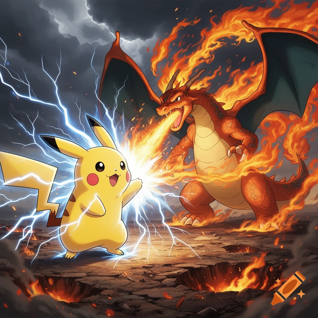 Pikachu attacks Charizard with lightning as Charizard breathes fire on a cracked, fiery battlefield under a stormy sky.